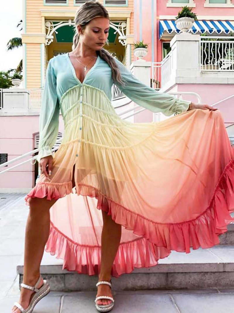 Chic Rainbow High Low Dress Women V-Neck Tiered Ruffle Trim Summer Dresses Casual Beach Boho Dress Chiffon Long Vestidos - Image 3