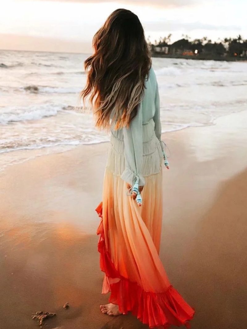 Chic Rainbow High Low Dress Women V-Neck Tiered Ruffle Trim Summer Dresses Casual Beach Boho Dress Chiffon Long Vestidos - Image 4