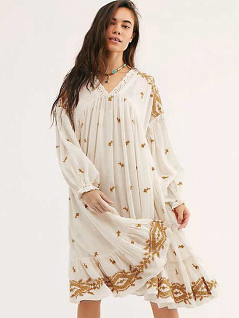 Lavender Fields Midi Dress Summer Fall Long Sleeve Loose Embroidery Chic Dress Floral Boho Hippie Vintage Vestidos - Image 3