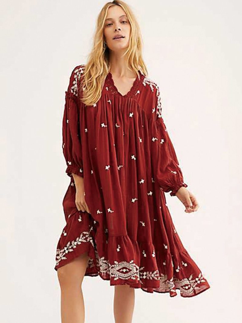 Lavender Fields Midi Dress Summer Fall Long Sleeve Loose Embroidery Chic Dress Floral Boho Hippie Vintage Vestidos - Image 4