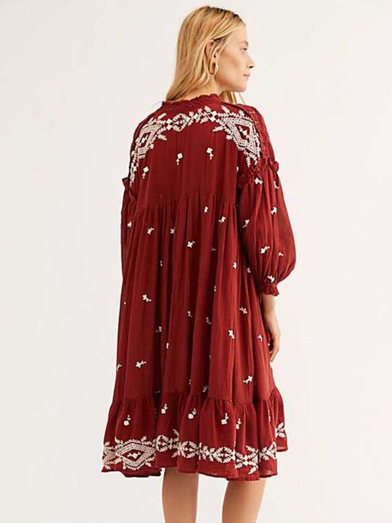 Lavender Fields Midi Dress Summer Fall Long Sleeve Loose Embroidery Chic Dress Floral Boho Hippie Vintage Vestidos - Image 5