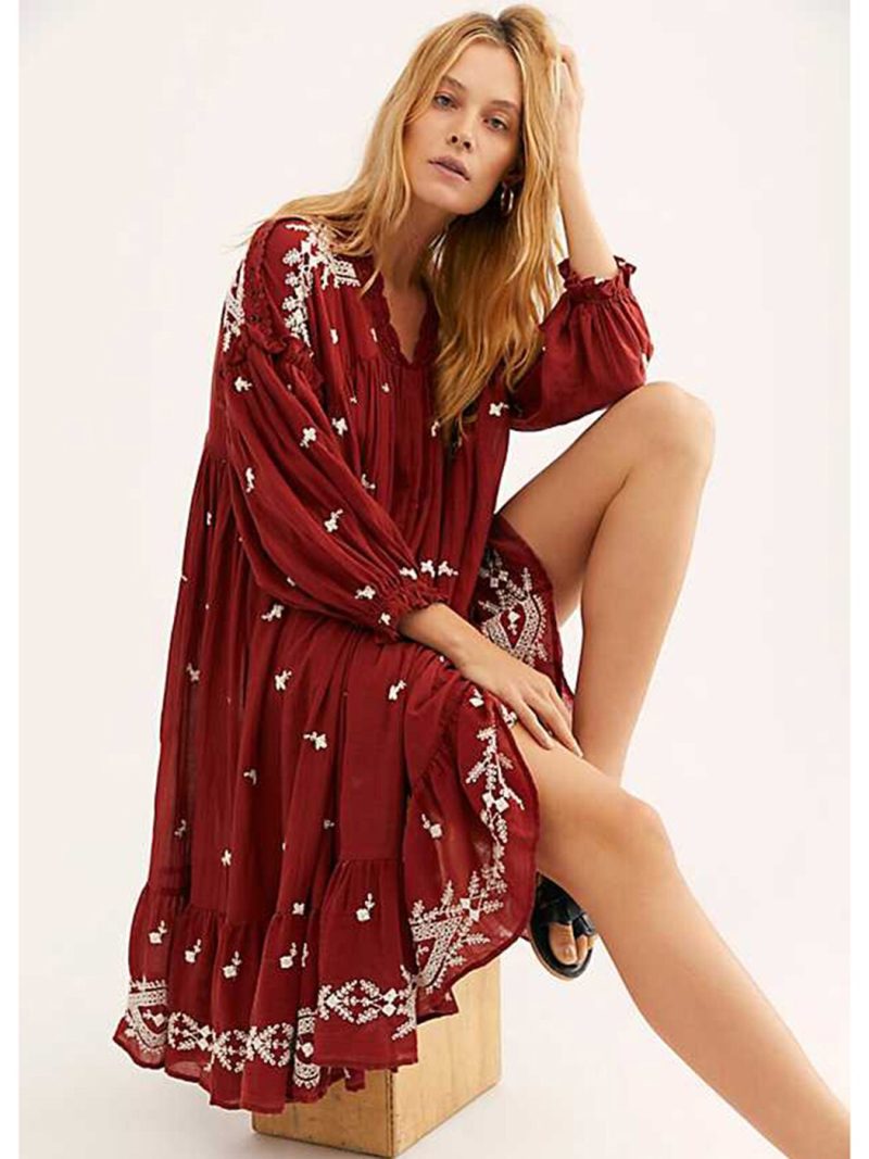 Lavender Fields Midi Dress Summer Fall Long Sleeve Loose Embroidery Chic Dress Floral Boho Hippie Vintage Vestidos - Image 6