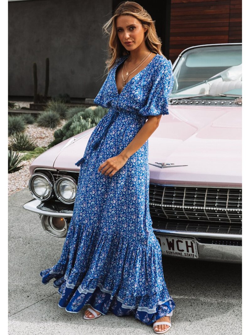 Vintage Print Maxi Dress Waist tie Ruffle Hem Boho Dresses Women Beach Long Dresses V-Neck Short Sleeve Summer Dress 2022 - Image 2
