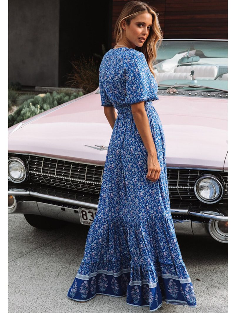 Vintage Print Maxi Dress Waist tie Ruffle Hem Boho Dresses Women Beach Long Dresses V-Neck Short Sleeve Summer Dress 2022 - Image 3