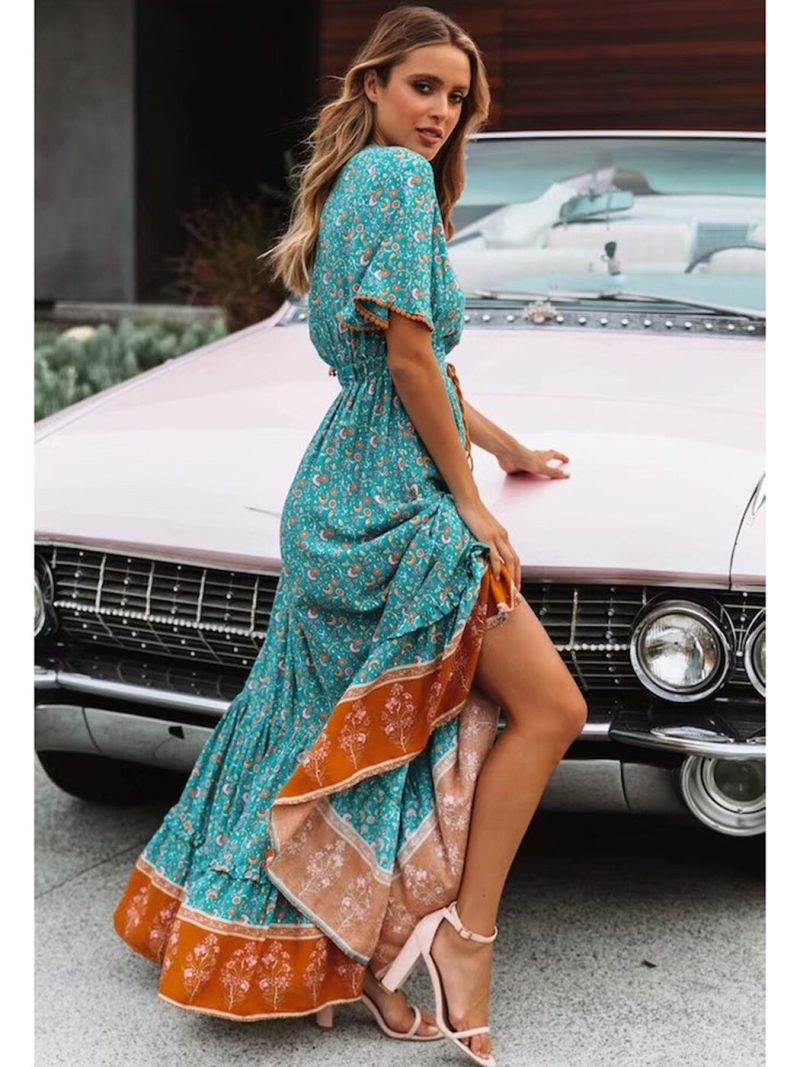Vintage Print Maxi Dress Waist tie Ruffle Hem Boho Dresses Women Beach Long Dresses V-Neck Short Sleeve Summer Dress 2022 - Image 4