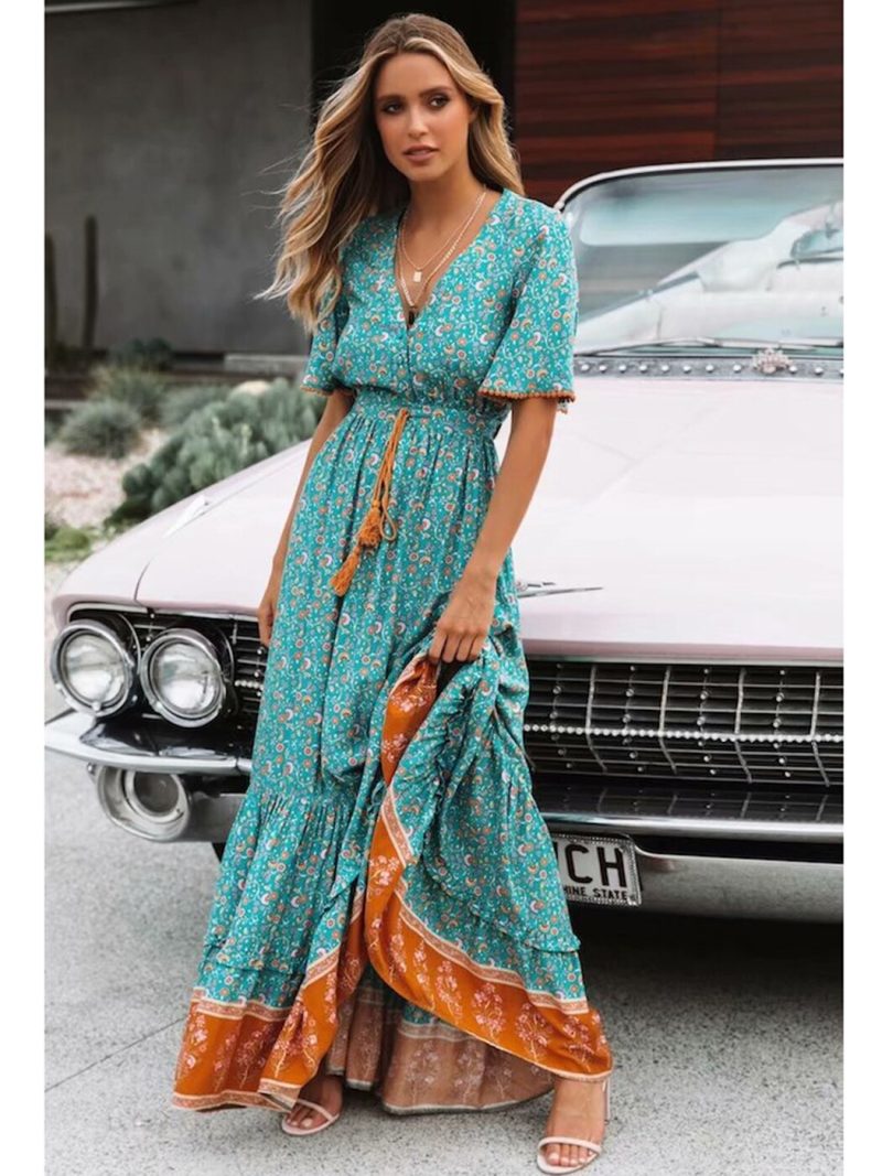 Vintage Print Maxi Dress Waist tie Ruffle Hem Boho Dresses Women Beach Long Dresses V-Neck Short Sleeve Summer Dress 2022 - Image 5