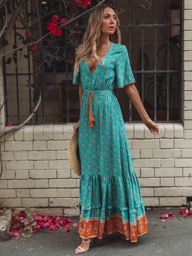 Vintage Print Maxi Dress Waist tie Ruffle Hem Boho Dresses Women Beach Long Dresses V-Neck Short Sleeve Summer Dress 2022 - Image 6