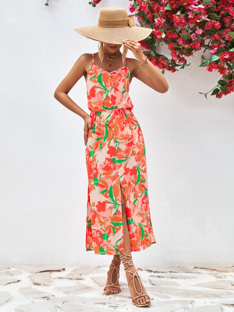 Popular Spaghetti Strap Floral Print Split Dress - Image 6
