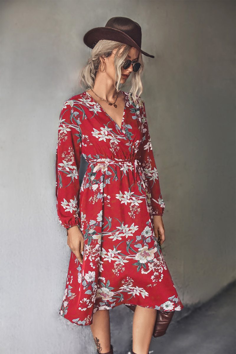 Fall Women Clothing Classic V neck Lace up Floral Print Long Sleeve Dress - Image 2