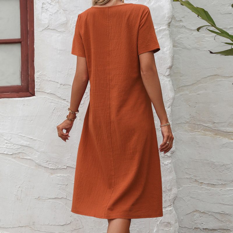 Summer Cotton Linen Solid Color Loose Round Neck Short Sleeve Dress - Image 2