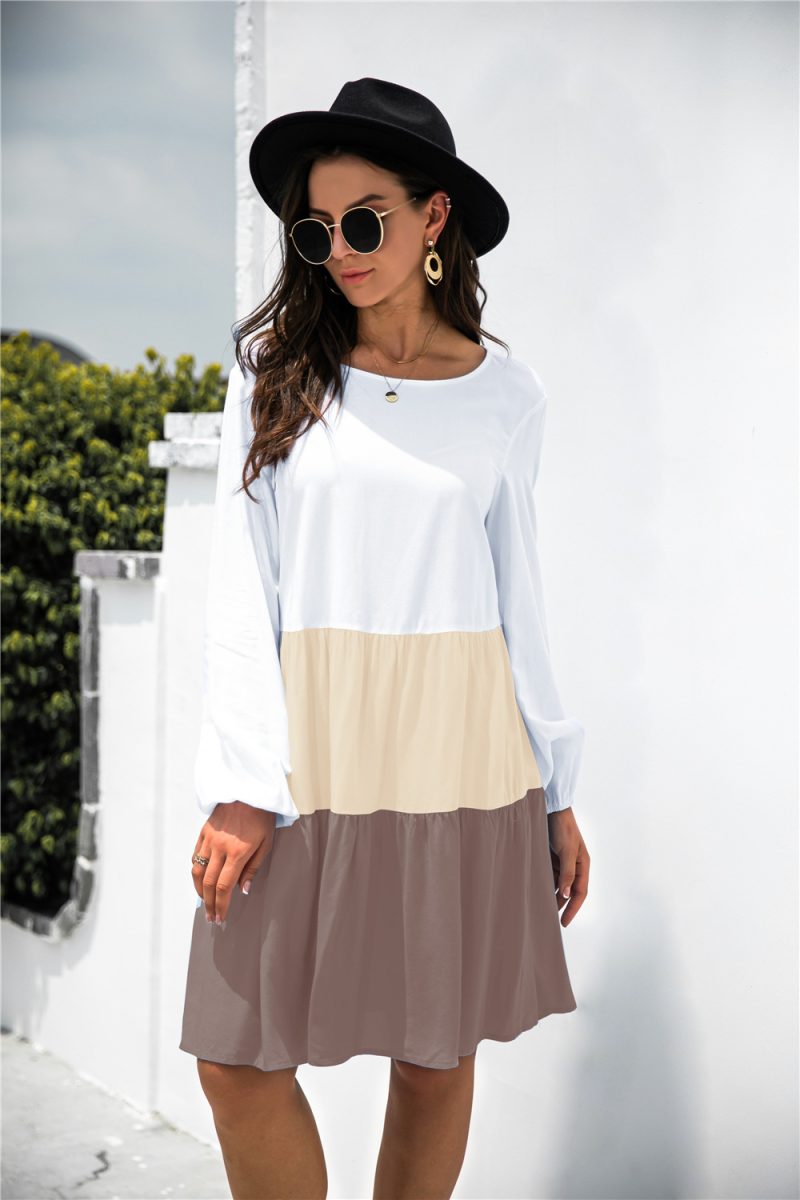 Arrival Stitching Contrast Color Long-Sleeve round-Collar Dress - Image 4