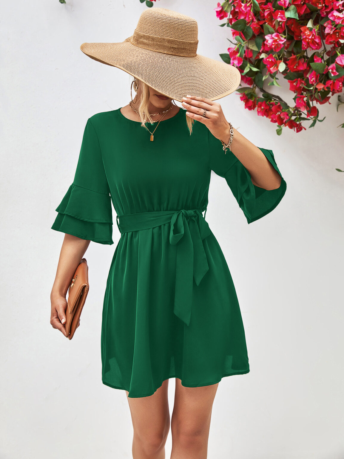 Popular Horn Ruffle Sleeve Solid Color Dress - Image 10
