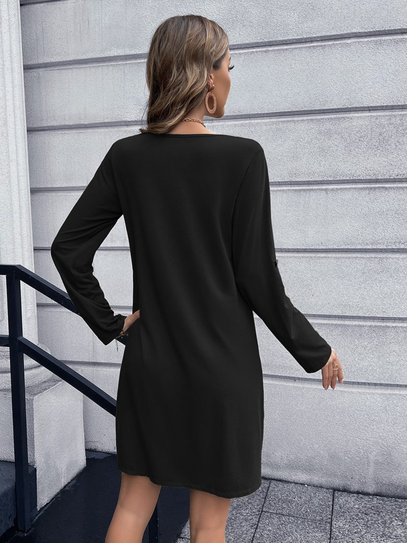 Autumn Winter Women Solid Color V neck Knitted Dress Mid Length Long Sleeve Dress Women - Image 3
