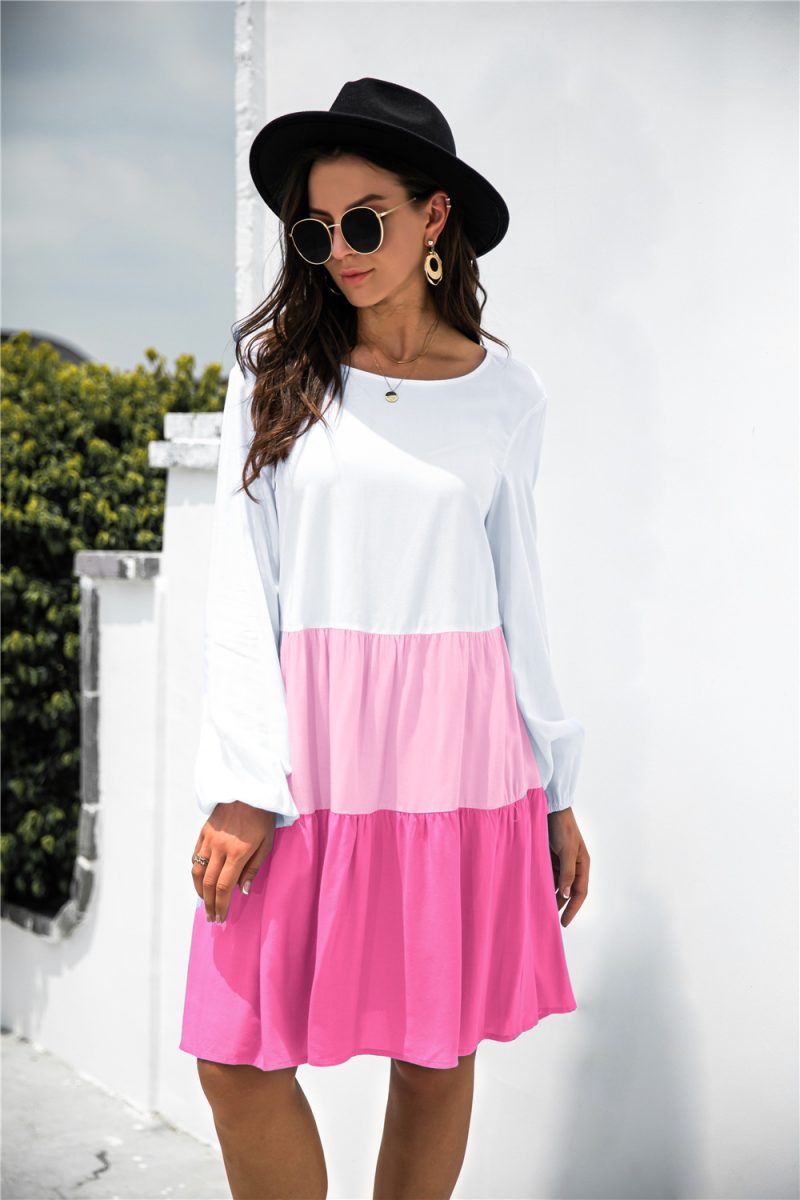 Arrival Stitching Contrast Color Long-Sleeve round-Collar Dress