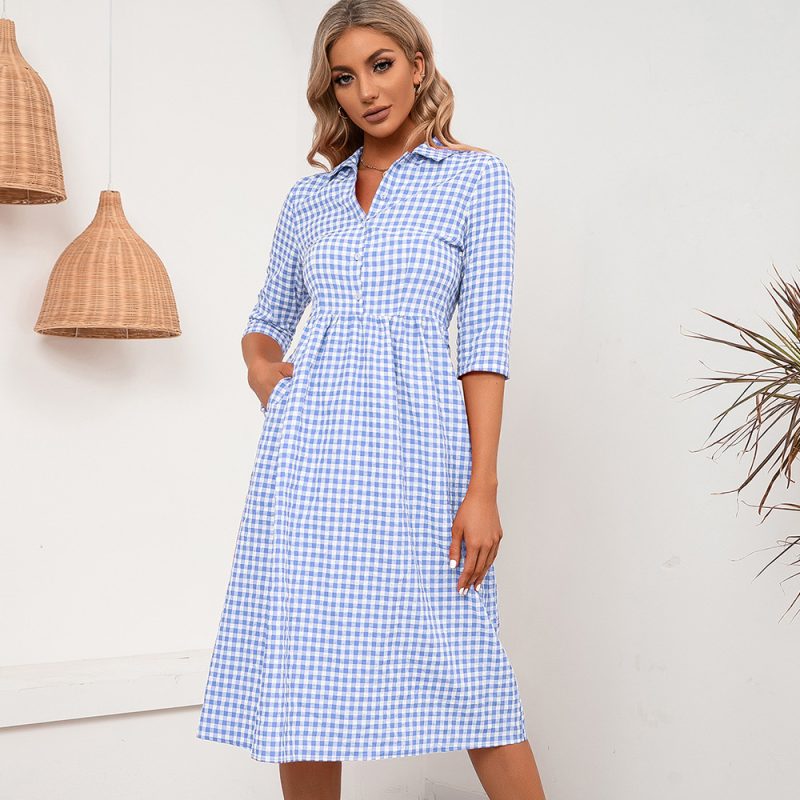 Loose Casual Mid Length Plaid Collared Shirt Dress Women - Image 3