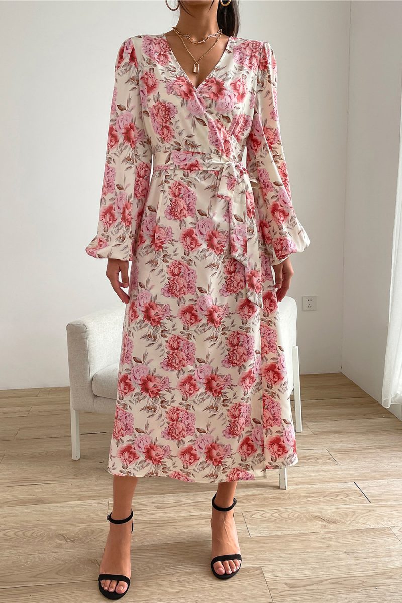Autumn Women Clothing Printed Tied V neck Split Dress - Image 3