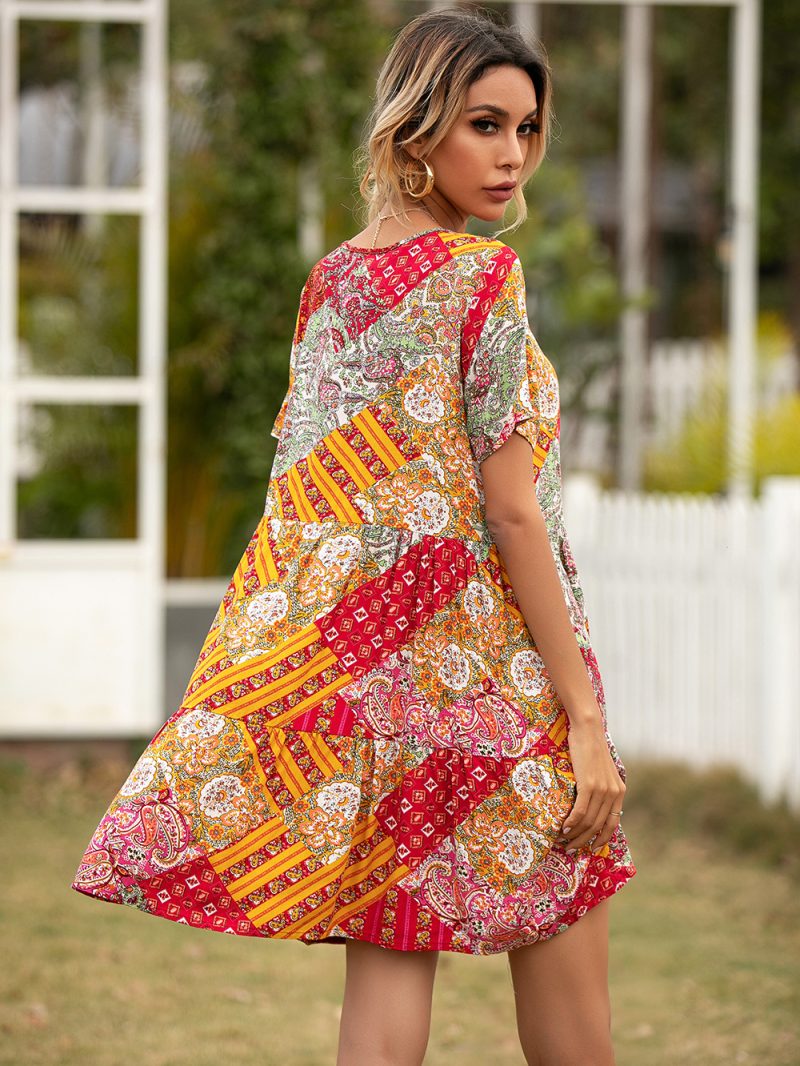 Summer Bohemian Vacation Beach Neckline Lace Short Sleeve Dress for Women - Image 5