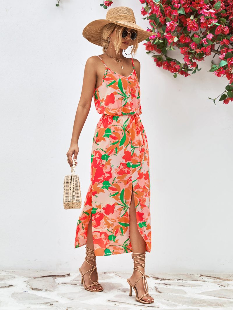 Popular Spaghetti Strap Floral Print Split Dress - Image 5