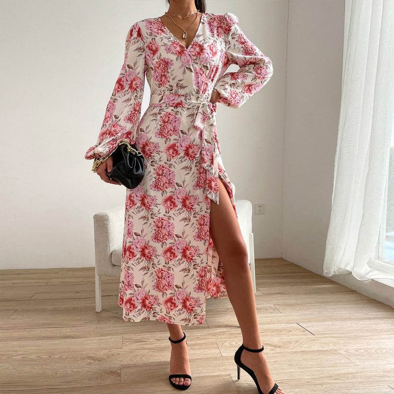 Autumn Women Clothing Printed Tied V neck Split Dress