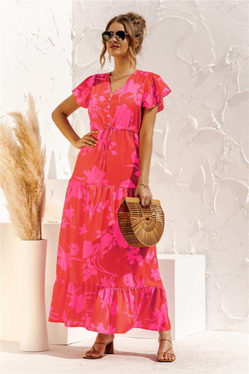 Spring Summer Short Sleeve V-neck Floral Print Lace-up Button Dress Maxi Dress - Image 2