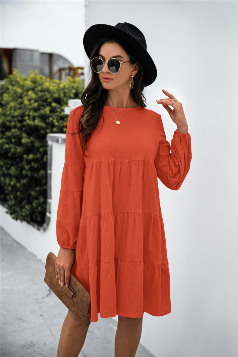Women  Clothing Cotton Linen round-Neck Lantern Sleeve Loose Stitching Big Swing Autumn Winter Dress - Image 5