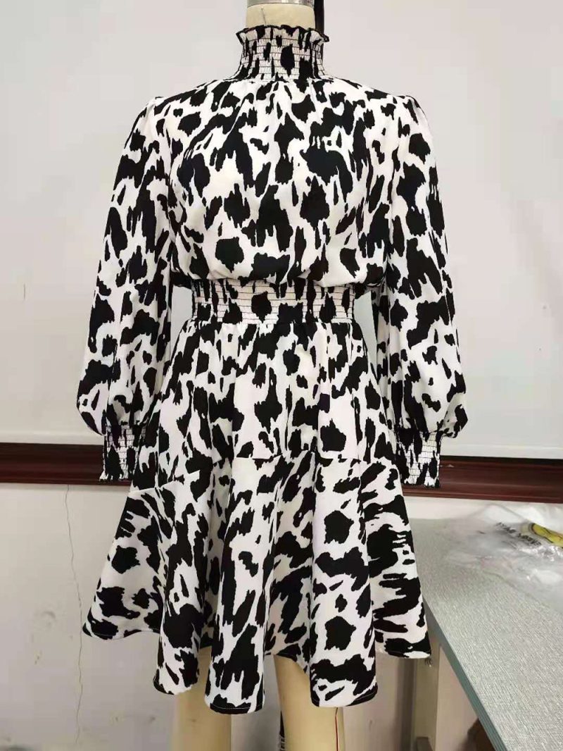 Leopard Print Round Neck Pullover Smocking Ruffled Long Sleeve Mid Length Women - Image 6