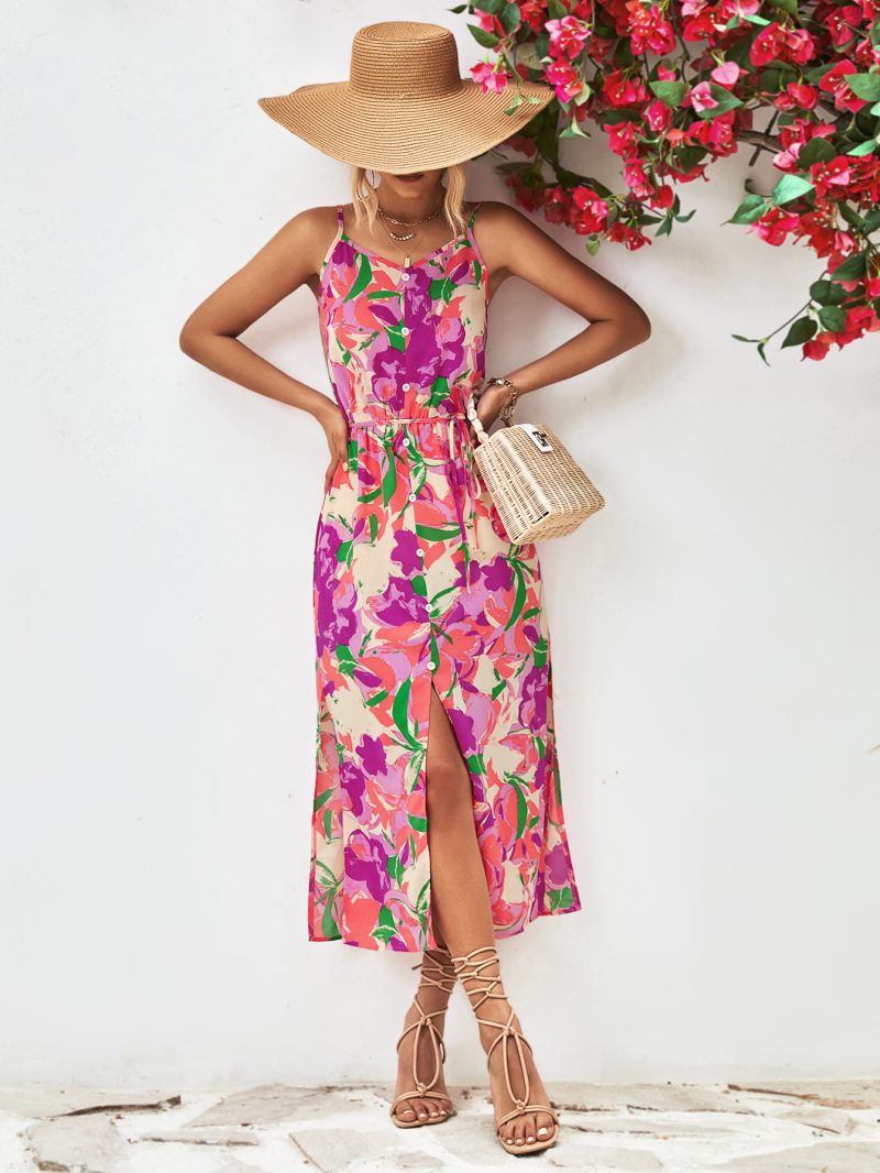 Popular Spaghetti Strap Floral Print Split Dress - Image 4