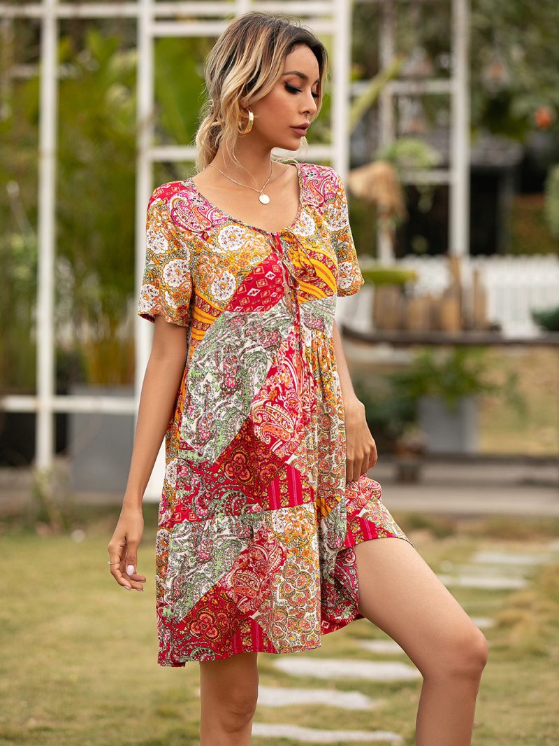 Summer Bohemian Vacation Beach Neckline Lace Short Sleeve Dress for Women - Image 6
