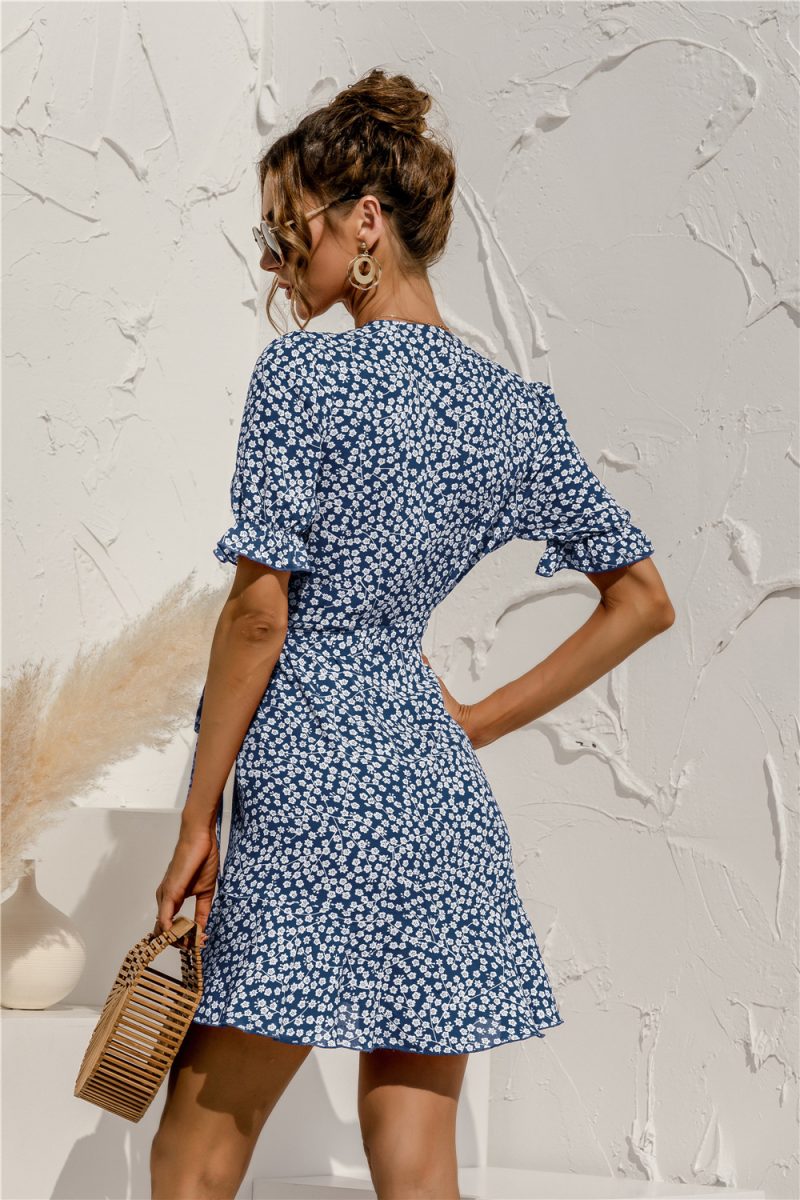 summer Sexy V-neck Floral Tie-Neck Dress - Image 4