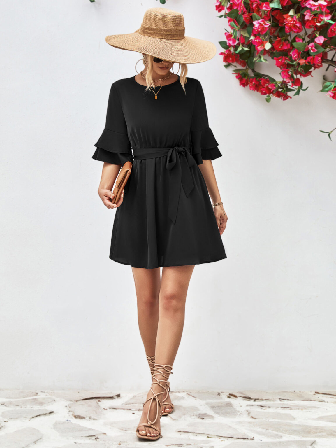 Popular Horn Ruffle Sleeve Solid Color Dress - Image 4