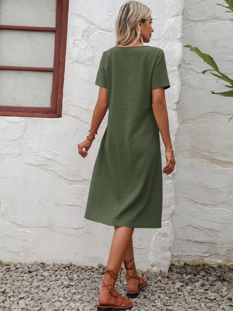 Summer Cotton Linen Solid Color Loose Round Neck Short Sleeve Dress - Image 4