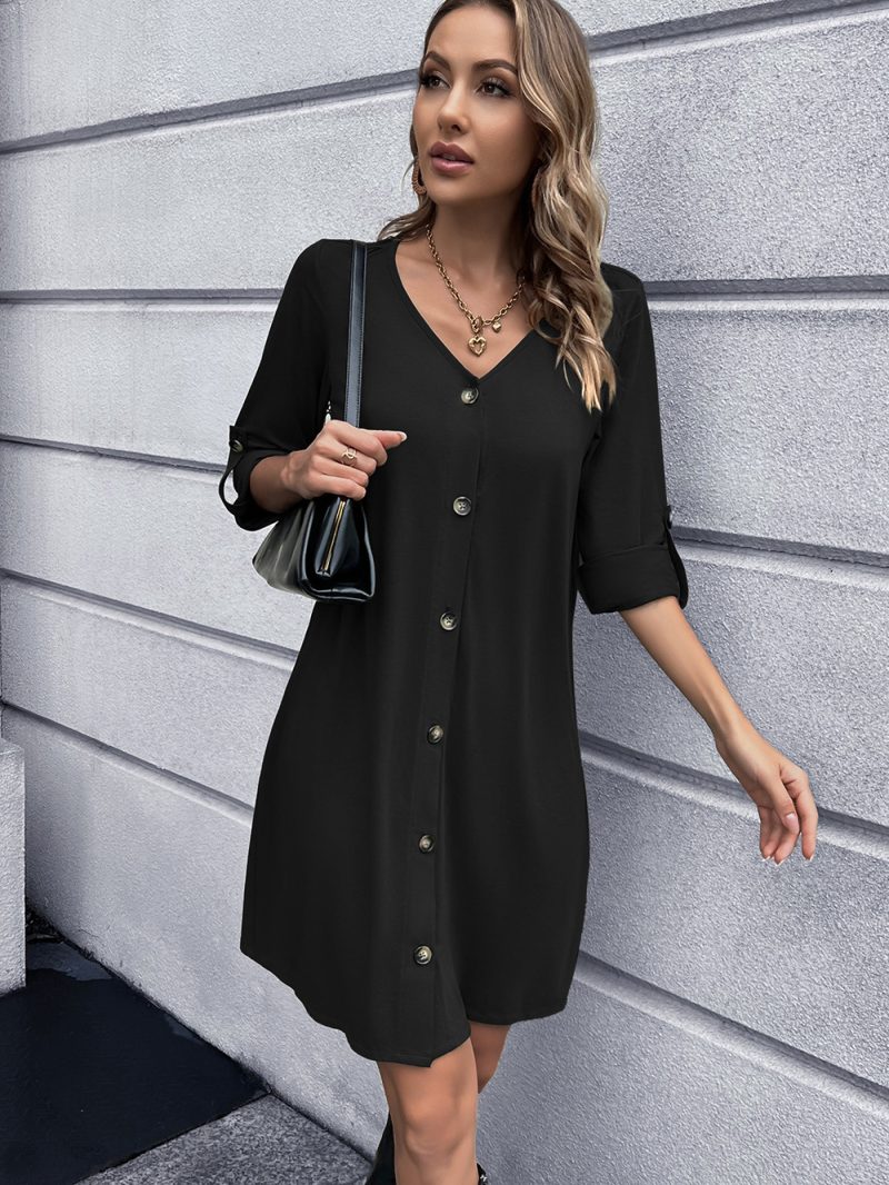 Autumn Winter Women Solid Color V neck Knitted Dress Mid Length Long Sleeve Dress Women - Image 4