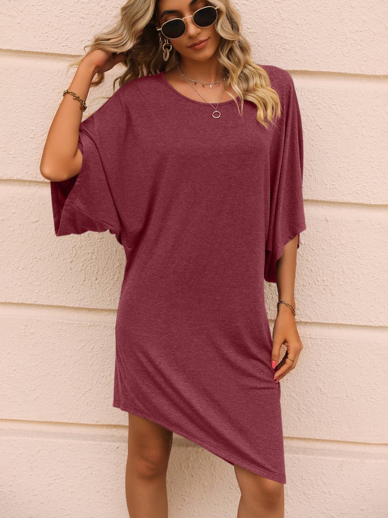 Round Neck Half Sleeve Mid Length Irregular Asymmetric Dress Casual T shirt Loose Dress - Image 7