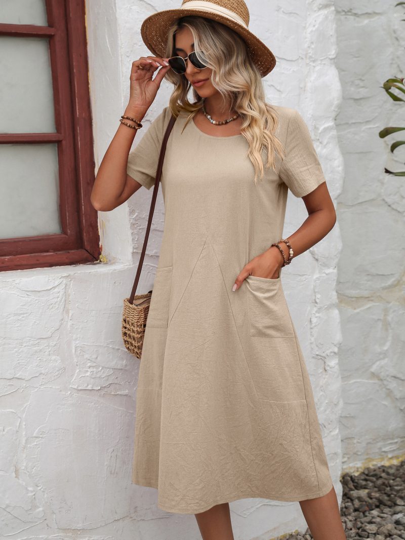 Summer Cotton Linen Solid Color Loose Round Neck Short Sleeve Dress - Image 6