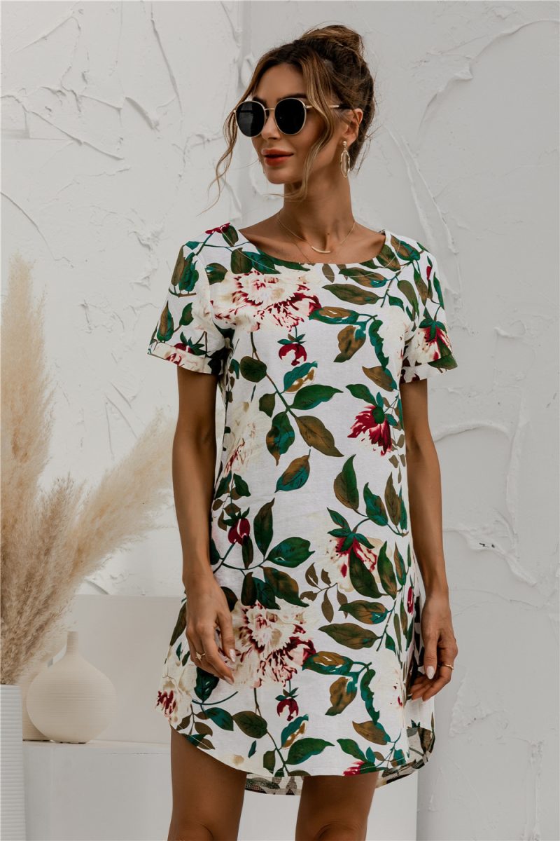 Spring Summer Plus Size  Recommended  Short Sleeve Round Neck Cotton Linen Floral Print Dress - Image 4