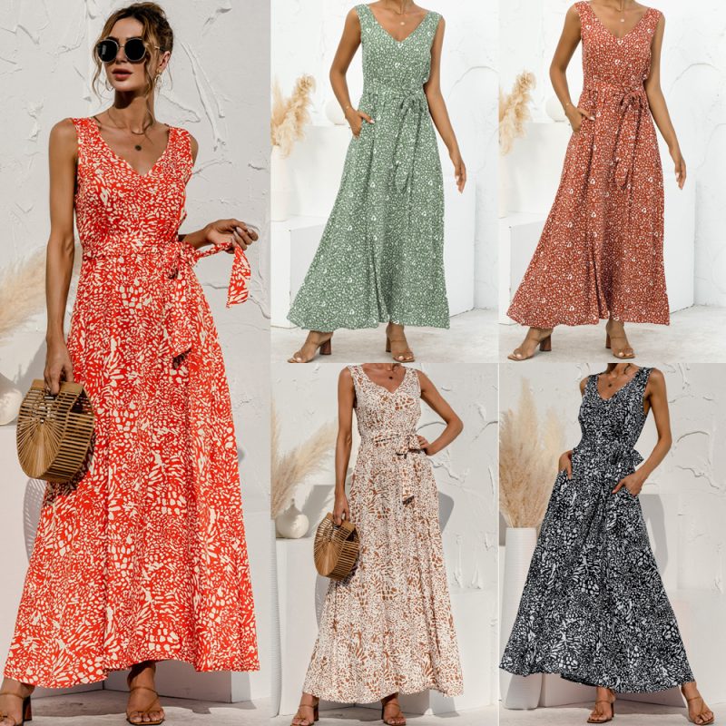 Spring Summer Leopard Print V-neck Lace-up Dress - Image 5