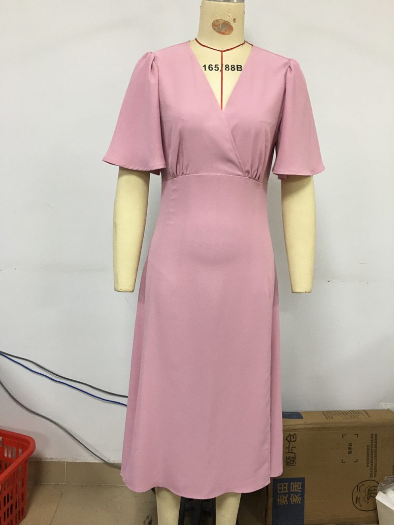 Women Clothing Solid Color Ruffle Sleeve V neck Irregular Asymmetric Sexy Sheath Split Midi Dress Women - Image 6