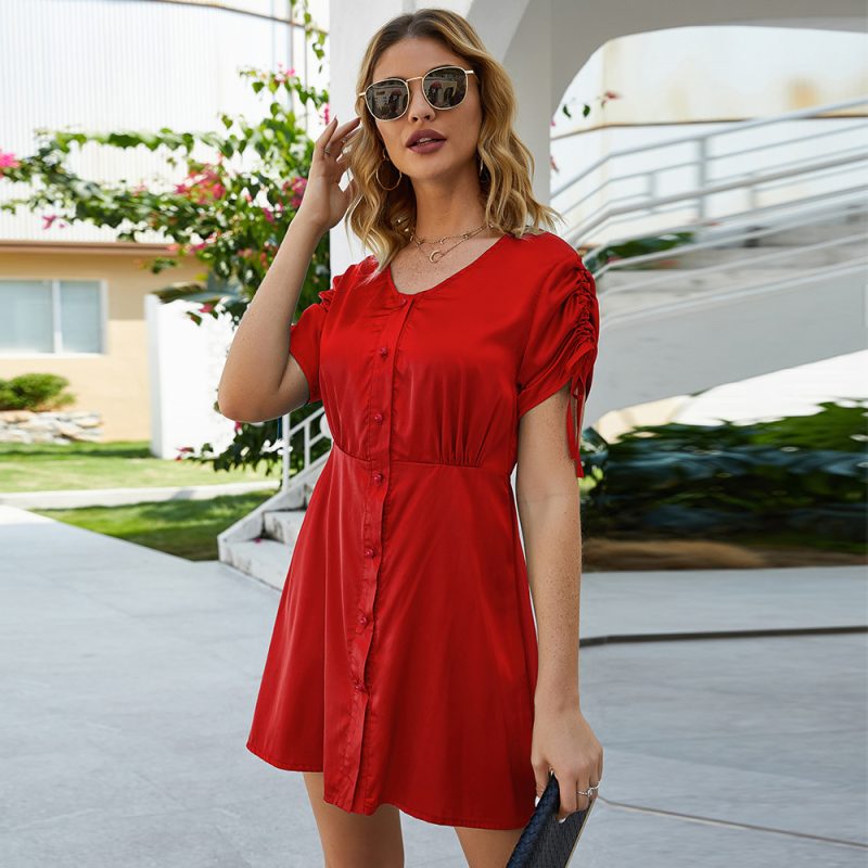 Spring Casual Solid Color round Neck Button Short Sleeve Dress - Image 5