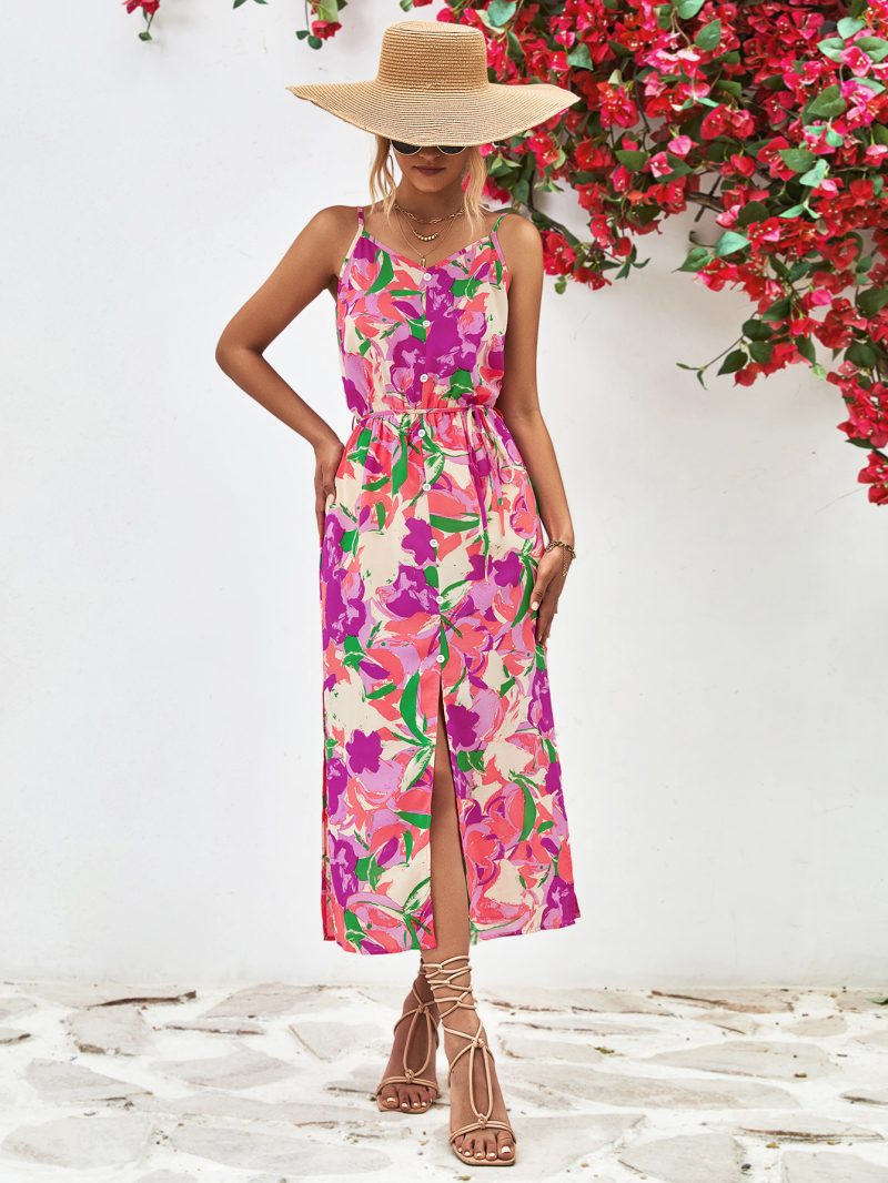 Popular Spaghetti Strap Floral Print Split Dress - Image 10