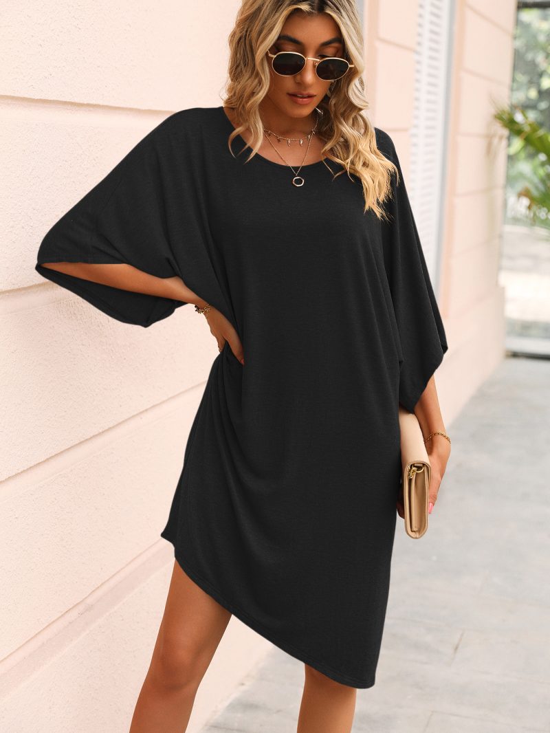 Round Neck Half Sleeve Mid Length Irregular Asymmetric Dress Casual T shirt Loose Dress - Image 3