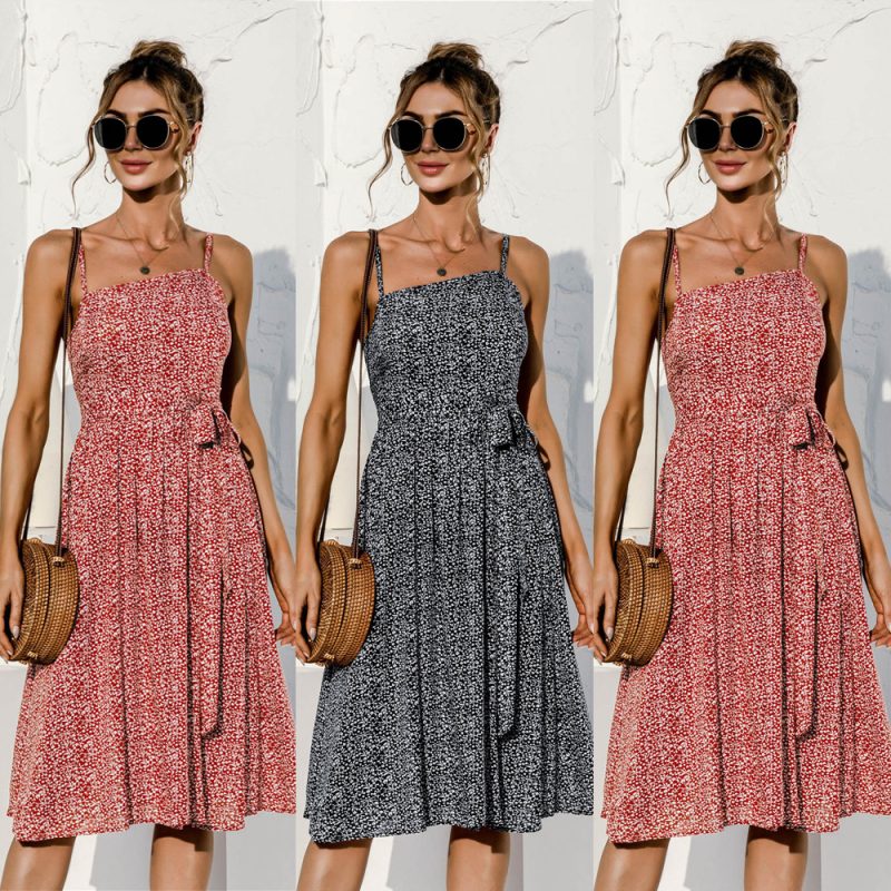 Sundress Summer Sexy Irregular Asymmetric Spaghetti-Strap Tie-Shoulder Floral Dress - Image 2