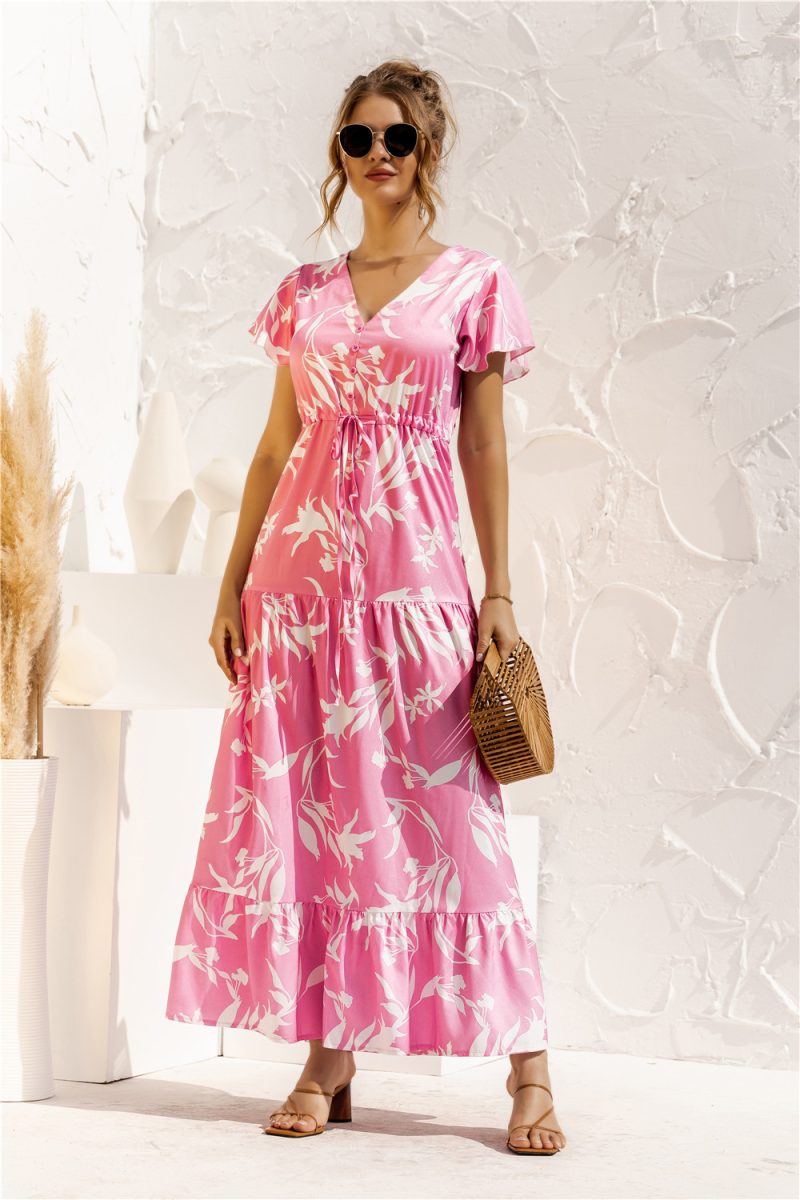 Spring Summer Short Sleeve V-neck Floral Print Lace-up Button Dress Maxi Dress - Image 3