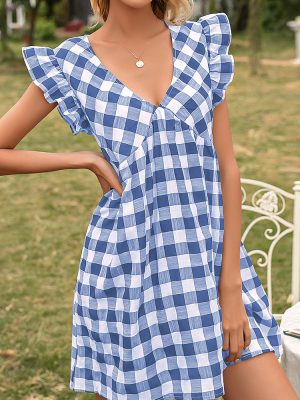 Summer Women Clothing Plaid Flying Sleeves V Neck Tight Waist Dress Women