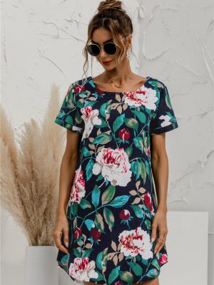 Spring Summer Plus Size  Recommended  Short Sleeve Round Neck Cotton Linen Floral Print Dress