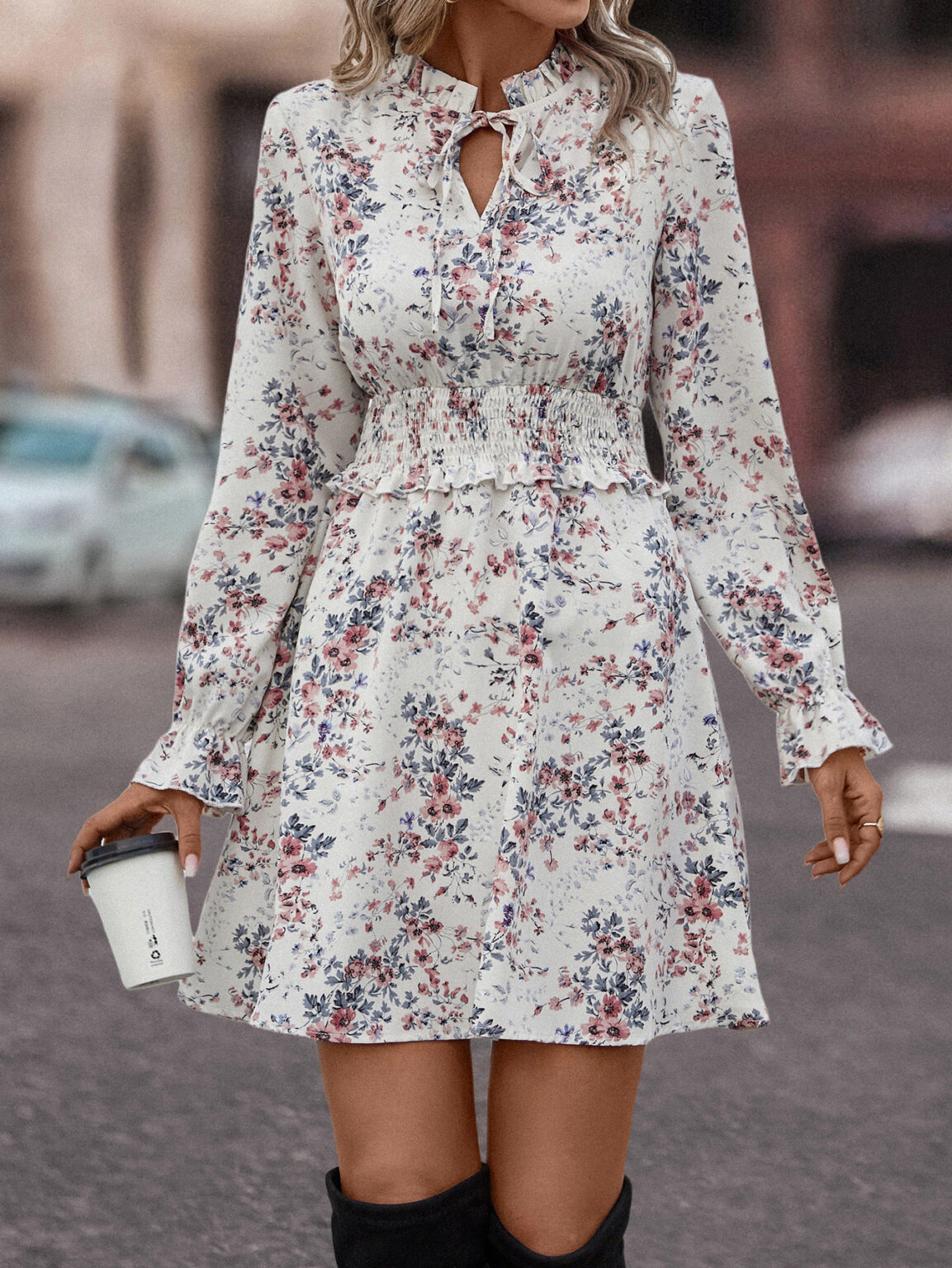 Autumn Winter Women Clothing Lotus Leaf V neck Printed Smocking Casual Dresses - Image 2