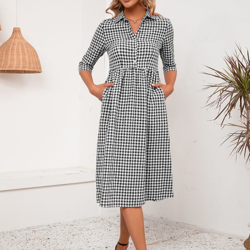 Loose Casual Mid Length Plaid Collared Shirt Dress Women - Image 2