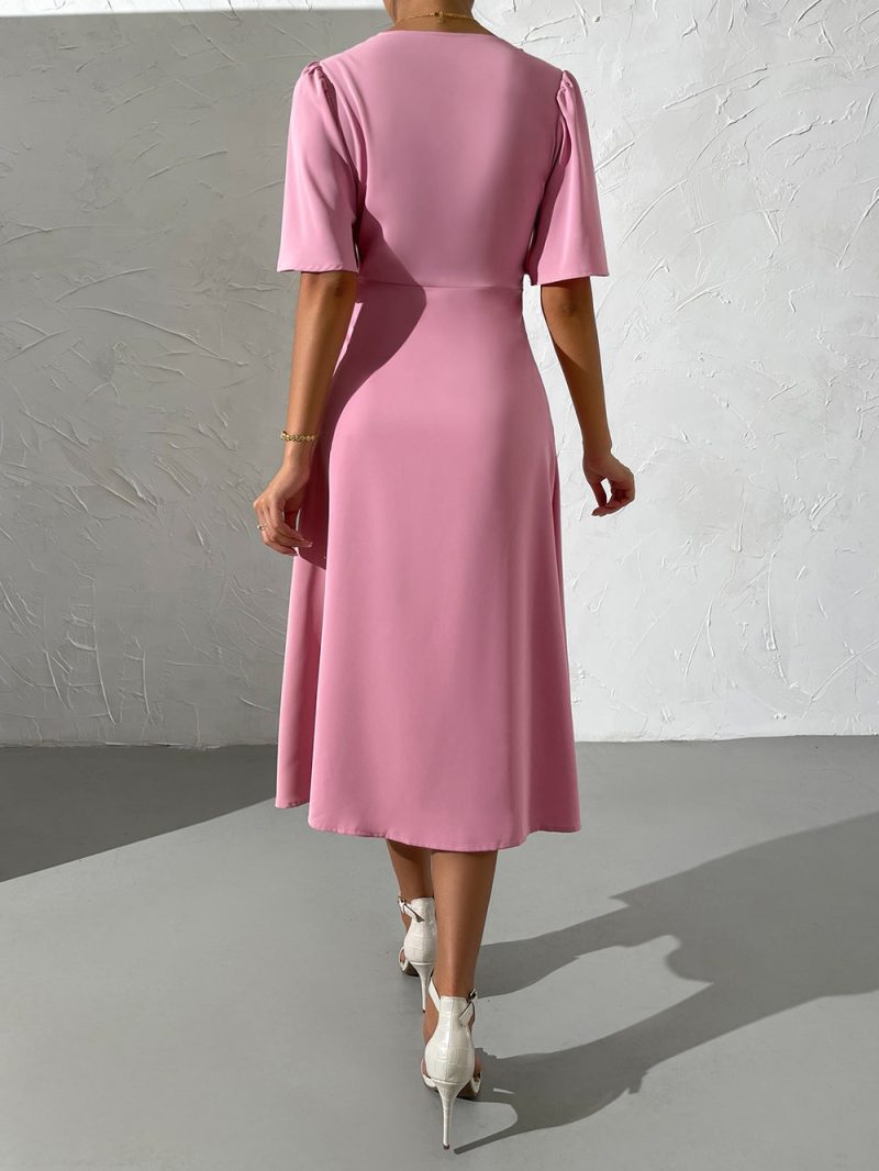 Women Clothing Solid Color Ruffle Sleeve V neck Irregular Asymmetric Sexy Sheath Split Midi Dress Women - Image 4