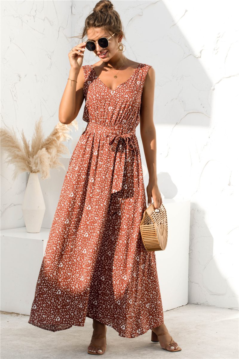 Spring Summer Leopard Print V-neck Lace-up Dress - Image 2