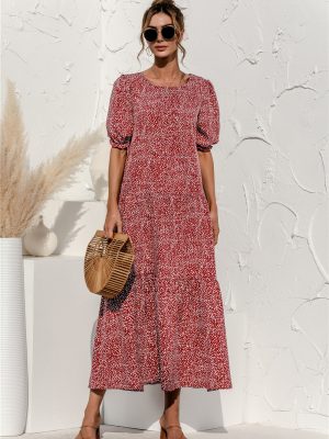 Spring/Summer Puff Sleeve Polka Dot Plaid Loose Stitching Dress Maxi Dress