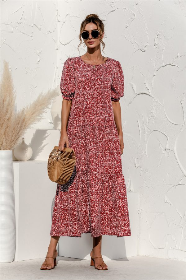 Spring/Summer Puff Sleeve Polka Dot Plaid Loose Stitching Dress Maxi Dress